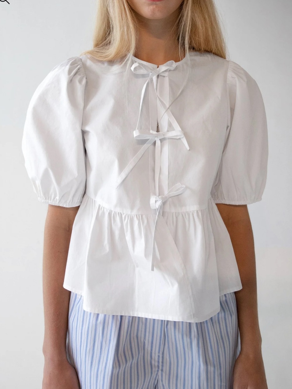 Oak + Fort Puff Sleeve Bow Poplin Blouse